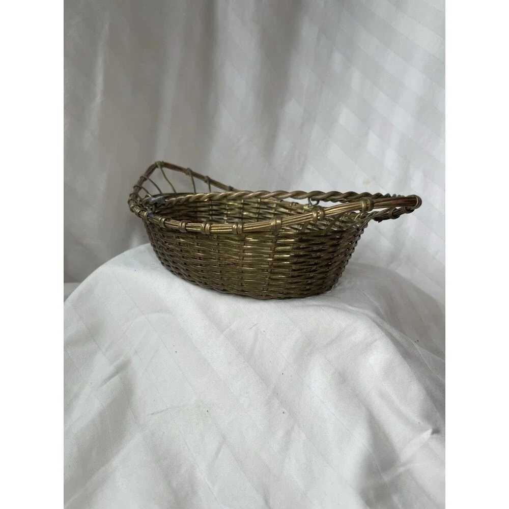 Oval Brass Metal Wire Woven Basket w/ Handle, Made in India, 11in long